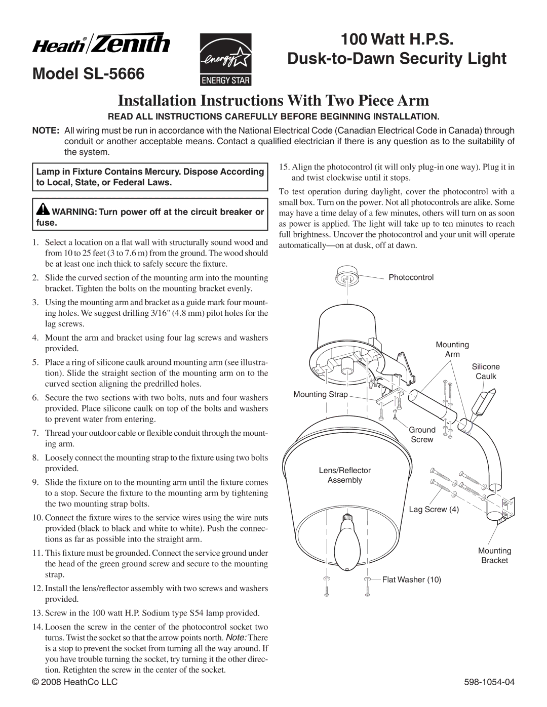 Heath Zenith installation instructions Model SL-5666 Watt H.P.S Dusk-to-Dawn Security Light 