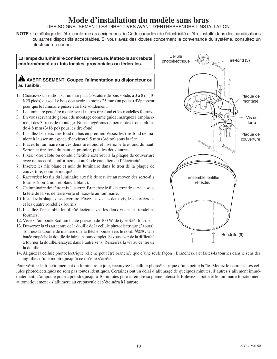 Heath Zenith SL-5666 installation instructions Mode d’installation du modèle sans bras 