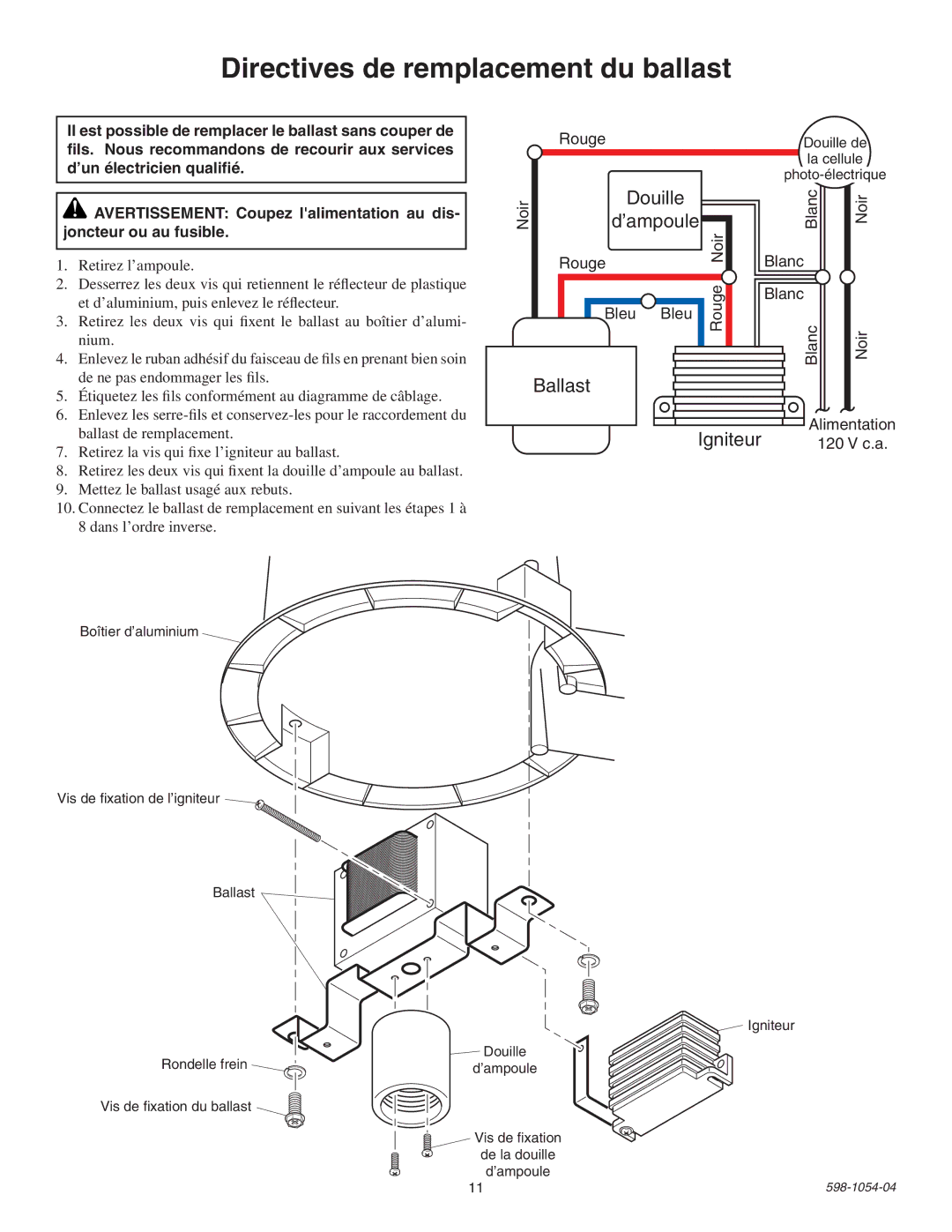 Heath Zenith SL-5666 installation instructions Directives de remplacement du ballast, Ballast Igniteur 