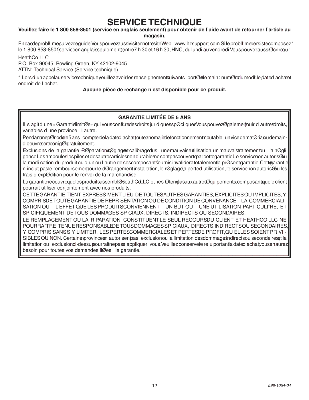 Heath Zenith SL-5666 installation instructions Service Technique, Garantie Limitée DE 5 ANS 