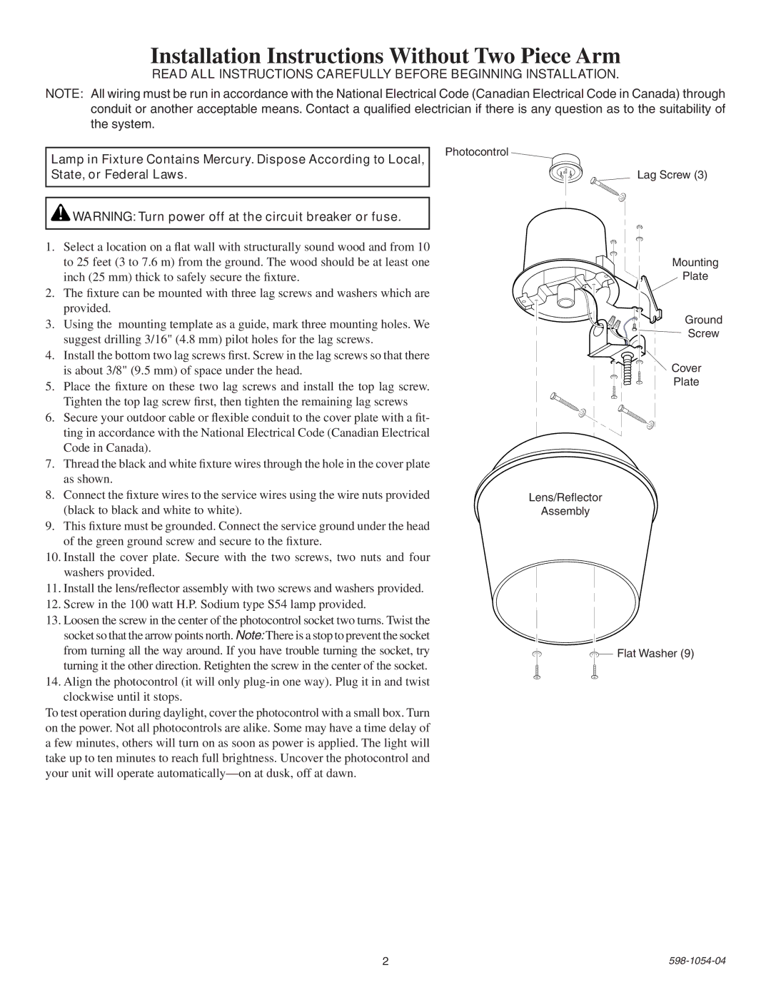 Heath Zenith SL-5666 installation instructions Installation Instructions Without Two Piece Arm 