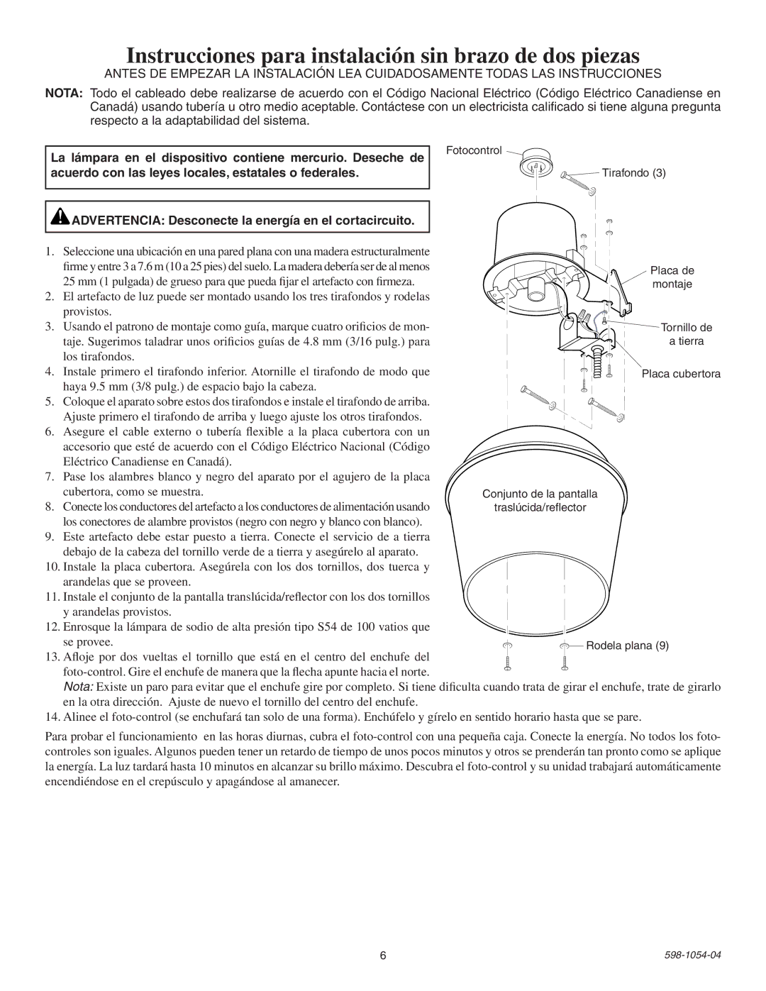 Heath Zenith SL-5666 installation instructions Instrucciones para instalación sin brazo de dos piezas, Fotocontrol 