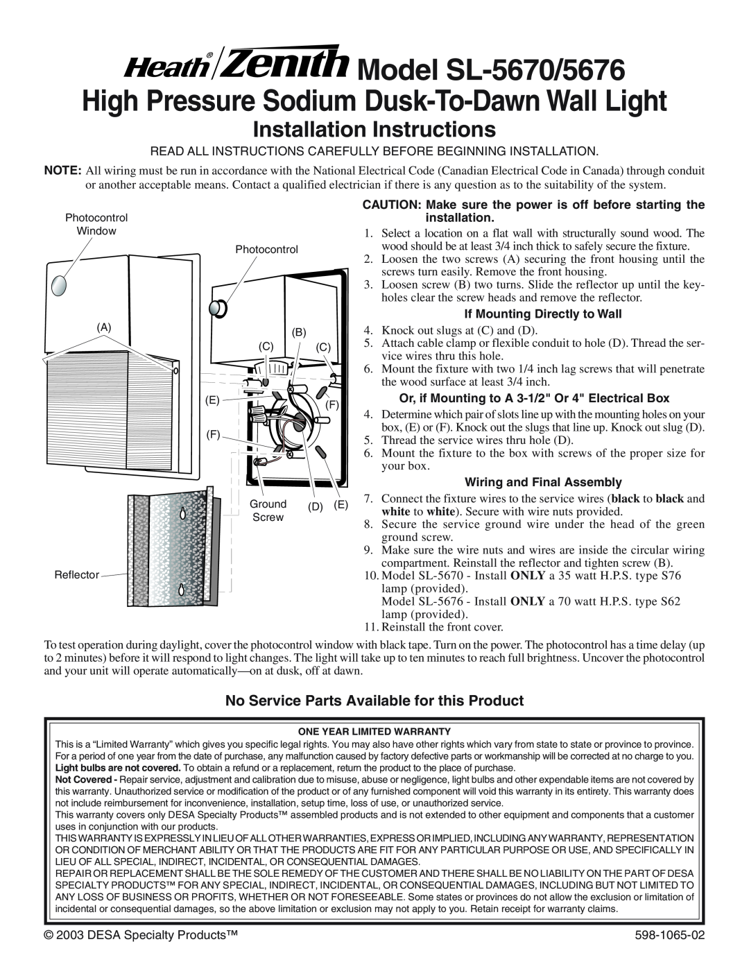 Heath Zenith SL-5676 installation instructions Model SL-5670/5676, High Pressure Sodium Dusk-To-Dawn Wall Light 