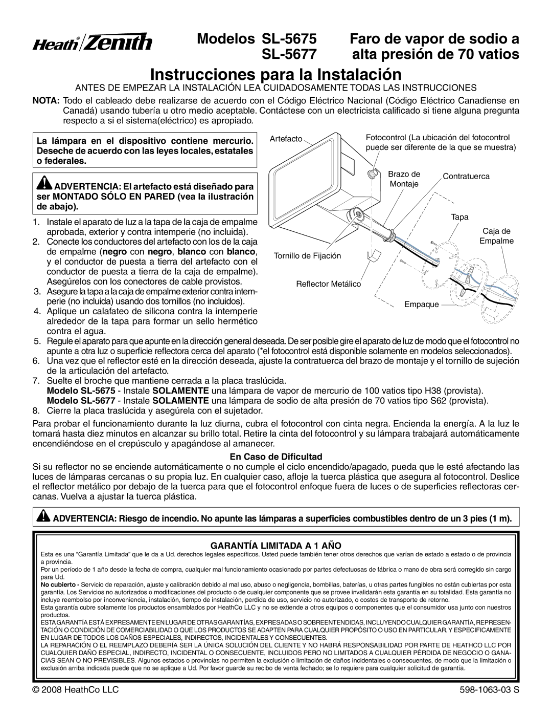 Heath Zenith SL-5675, SL-5677 installation instructions Instrucciones para la Instalación, Garantía Limitada a 1 AÑO 