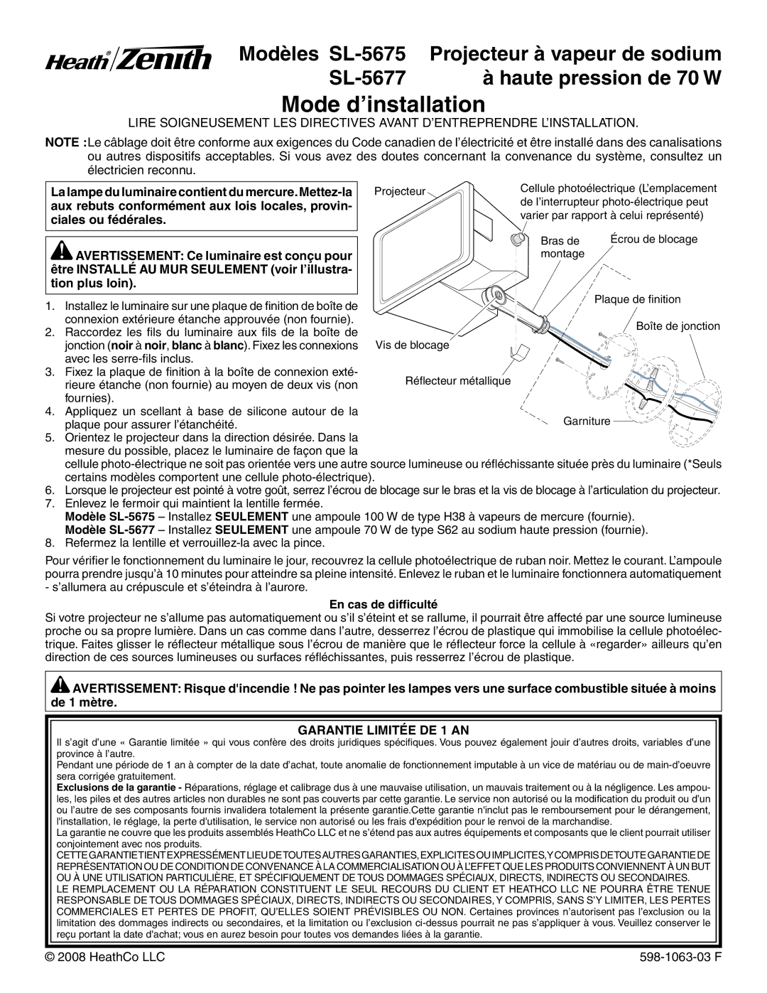 Heath Zenith SL-5677, SL-5675 installation instructions Mode d’installation, En cas de difficulté, Garantie Limitée DE 1 AN 