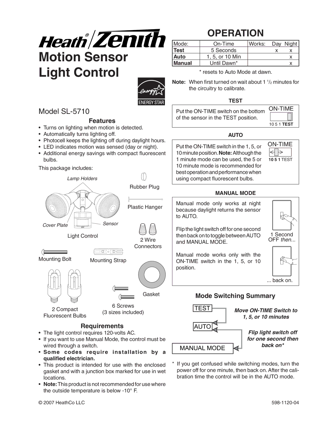 Heath Zenith manual Operation, Model SL-5710, Features, Requirements, Mode Switching Summary 