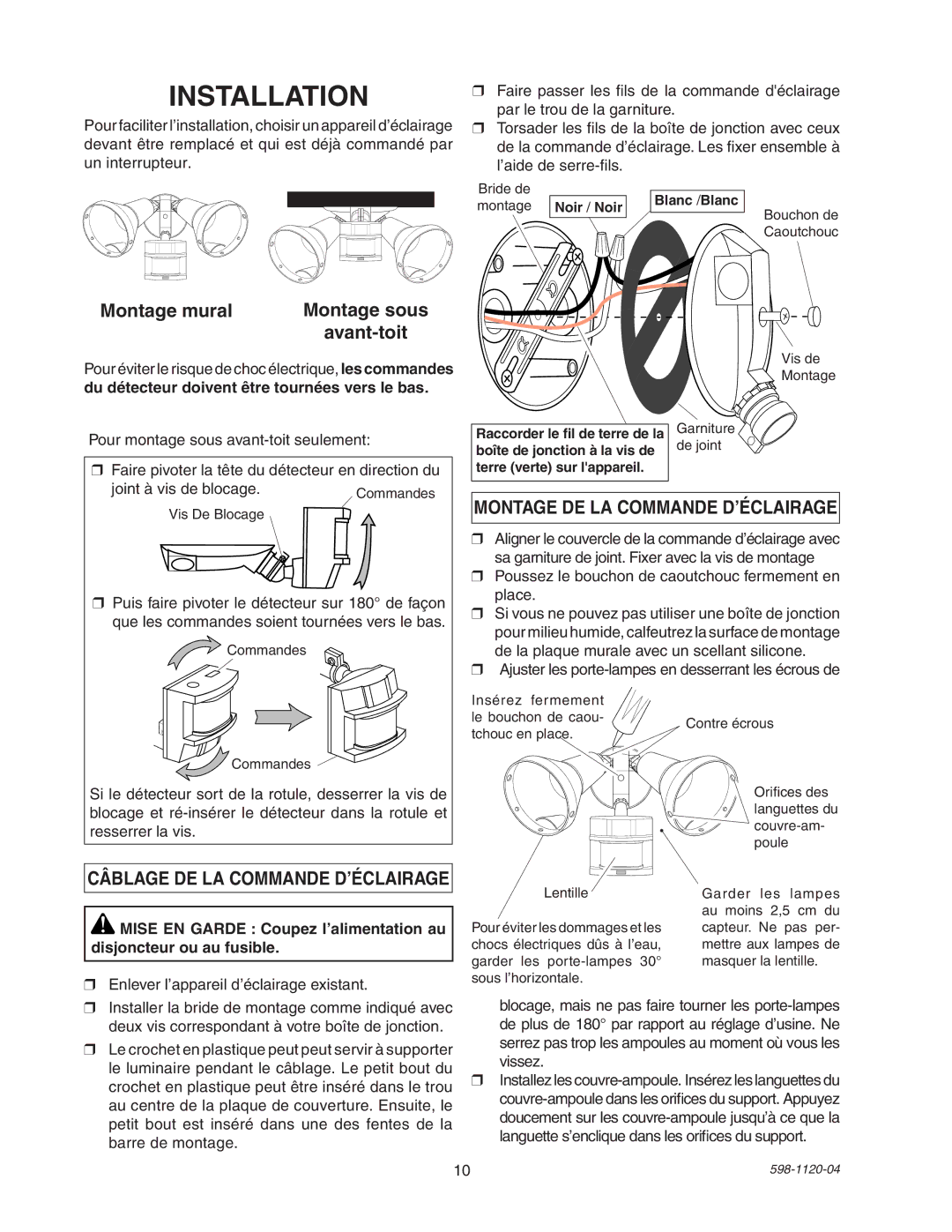 Heath Zenith SL-5710 manual Montage mural, Avant-toit, Montage sous, Bride de Montage Noir / Noir Blanc /Blanc 