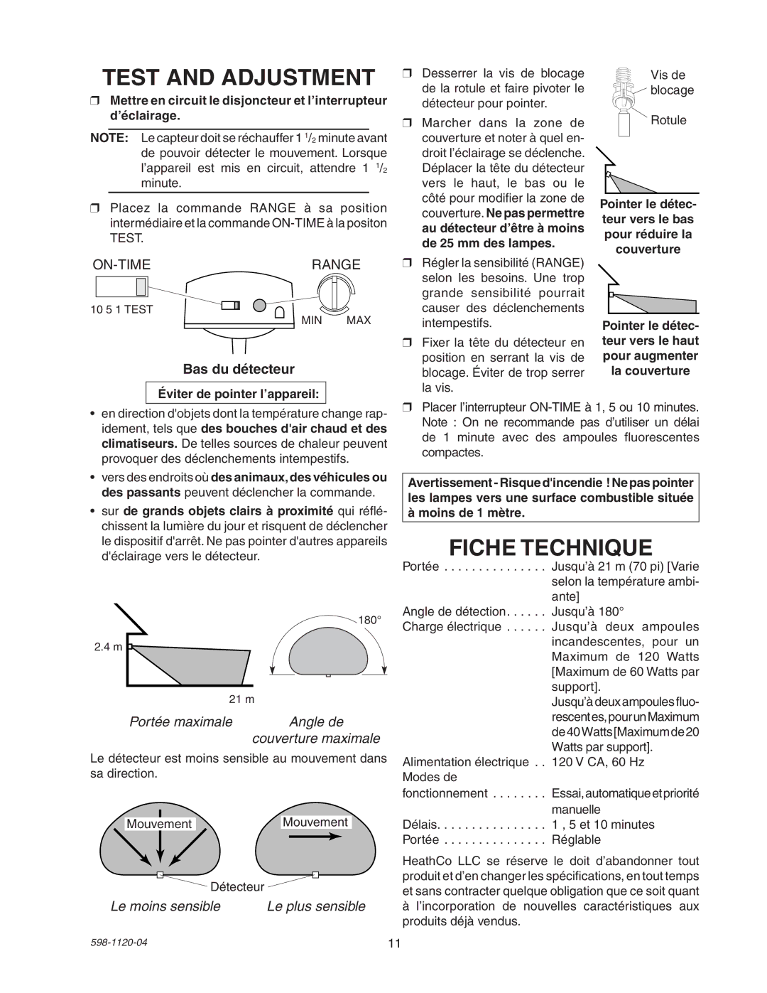 Heath Zenith SL-5710 manual Fiche Technique, Bas du détecteur, Portée maximale Angle de, Le moins sensible 