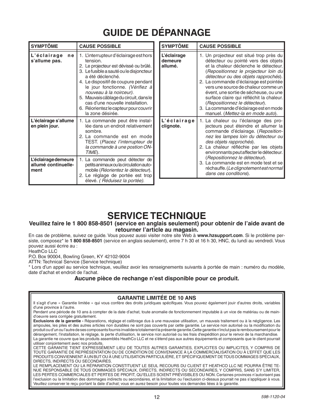 Heath Zenith SL-5710 Guide DE Dépannage, Service Technique, Aucune pièce de rechange n’est disponible pour ce produit 