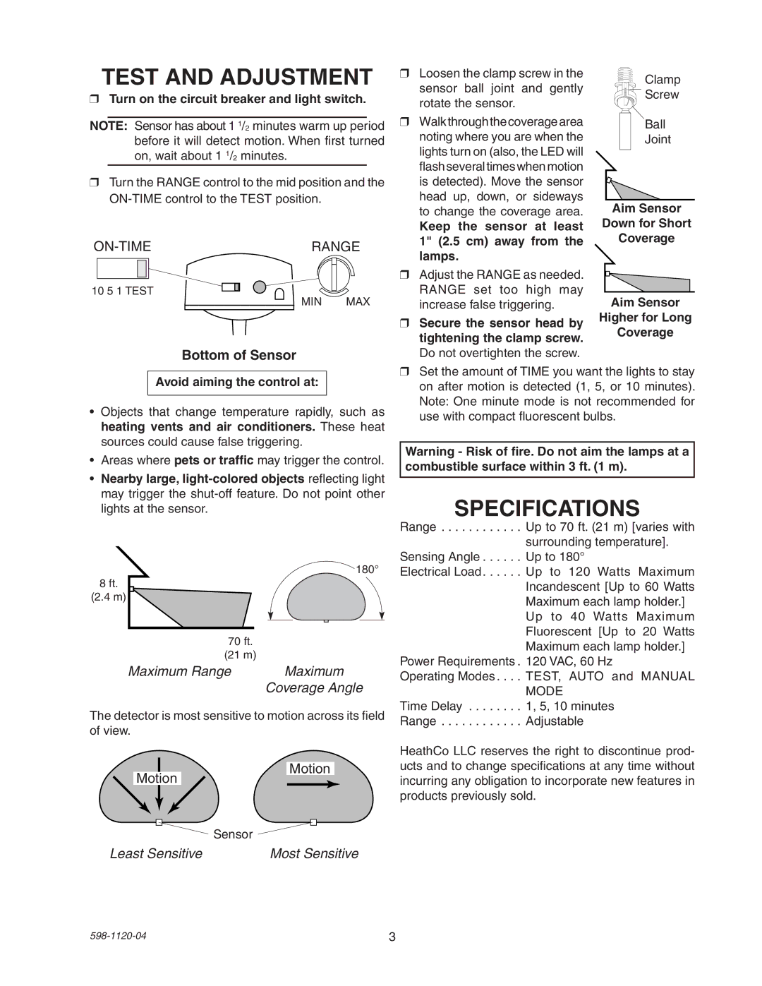 Heath Zenith SL-5710 manual Test and Adjustment, Specifications, Bottom of Sensor, Maximum Range, Least Sensitive 