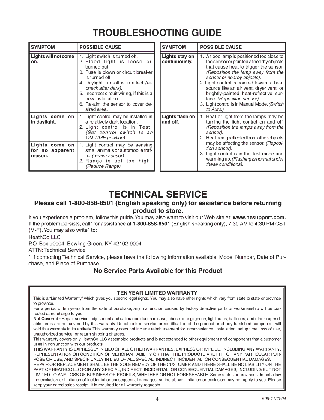 Heath Zenith SL-5710 manual Troubleshooting Guide, No Service Parts Available for this Product, TEN Year Limited Warranty 