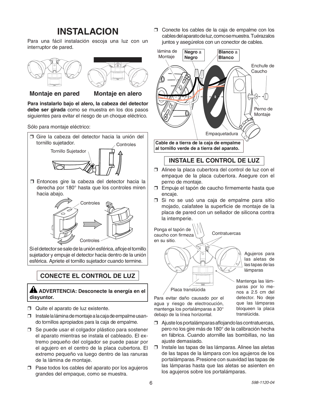 Heath Zenith SL-5710 Instalacion, Montaje en pared Montaje en alero, Advertencia Desconecte la energía en el disyuntor 