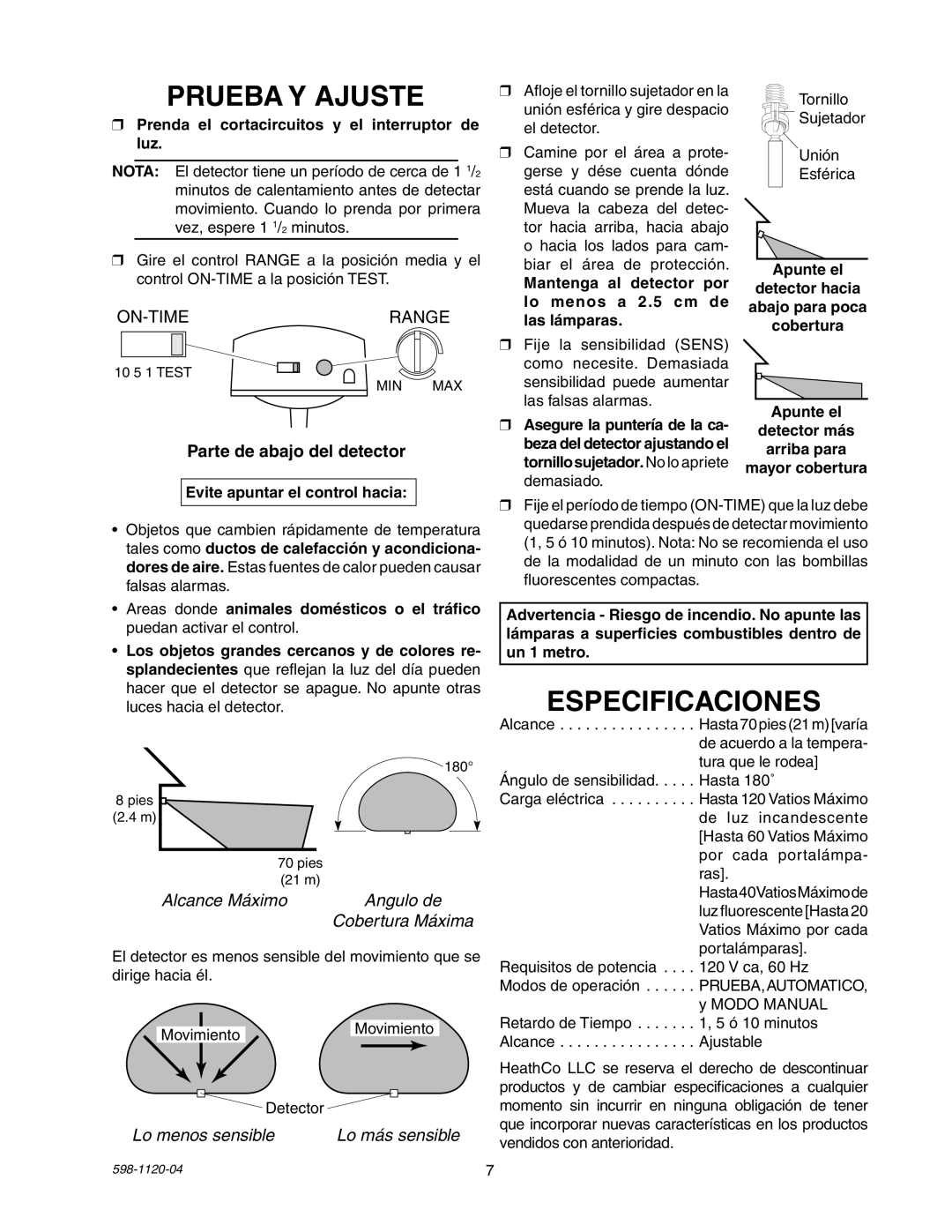 Heath Zenith SL-5710 manual Prueba Y Ajuste, Especificaciones, Parte de abajo del detector, Lo menos sensible 