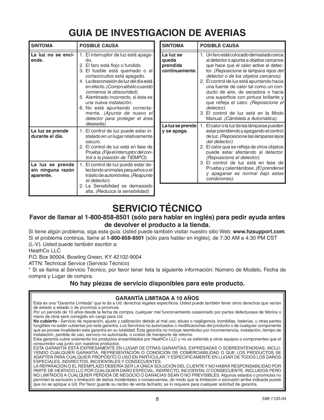 Heath Zenith SL-5710 manual Guia DE Investigacion DE Averias, Servicio Técnico, Garantía Limitada a 10 Años 