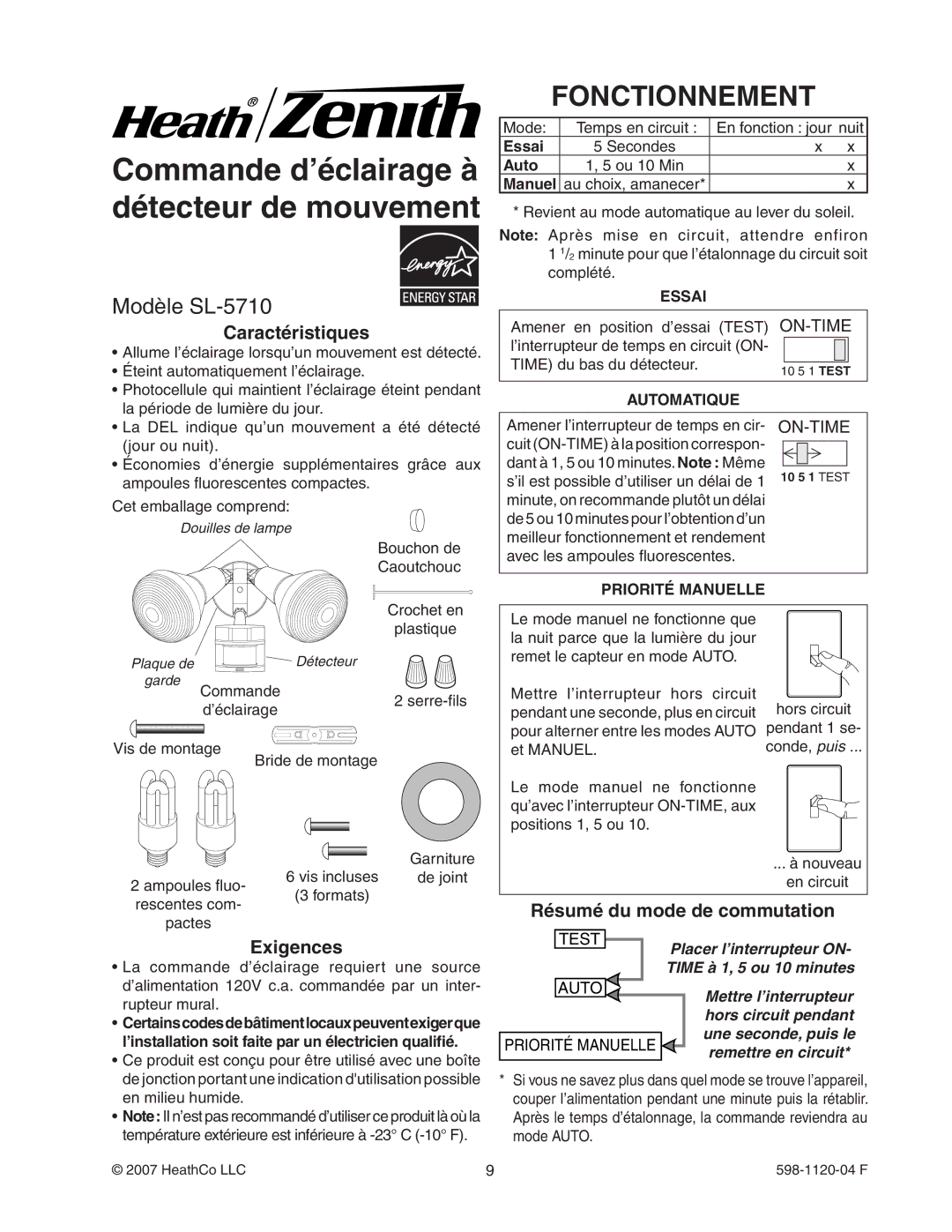 Heath Zenith manual Fonctionnement, Modèle SL-5710, Caractéristiques, Exigences, Résumé du mode de commutation 