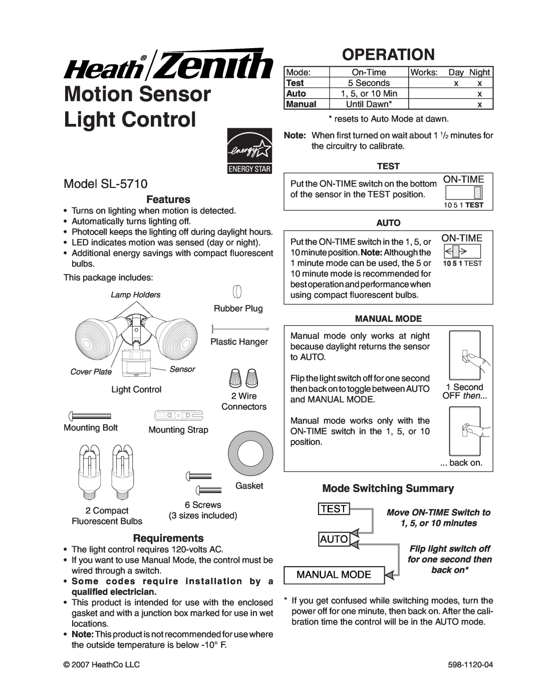 Heath Zenith manual Operation, Model SL-5710, Motion Sensor Light Control, On-Time, Test, Auto, Manual Mode, back on 