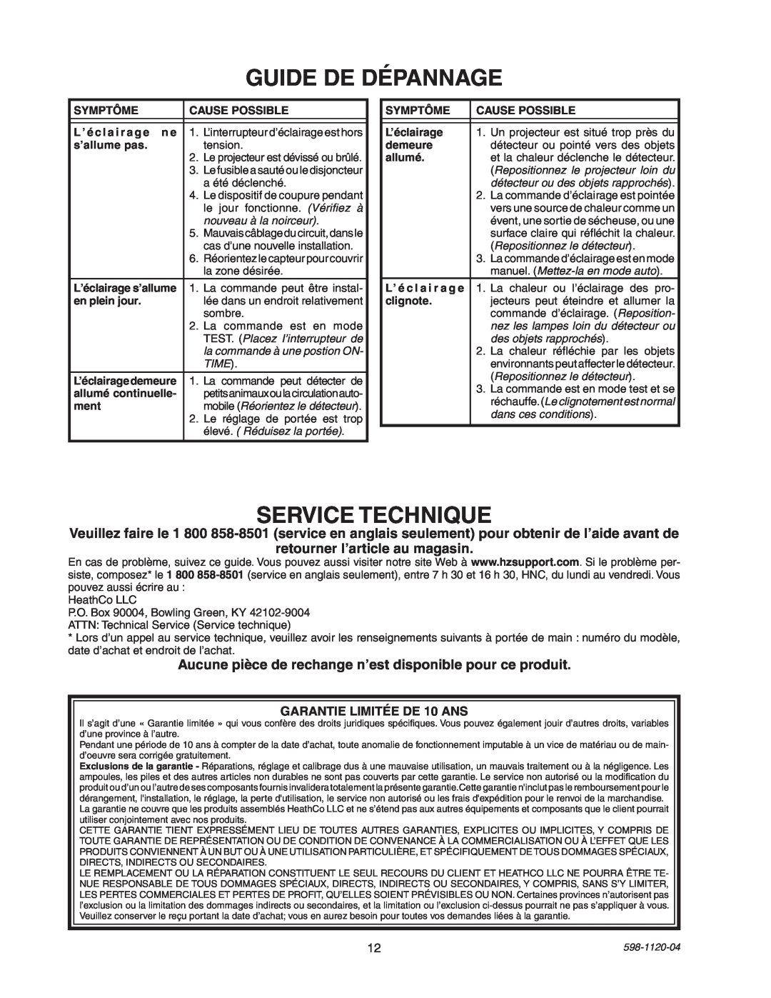 Heath Zenith SL-5710 manual Guide De Dépannage, Service Technique 