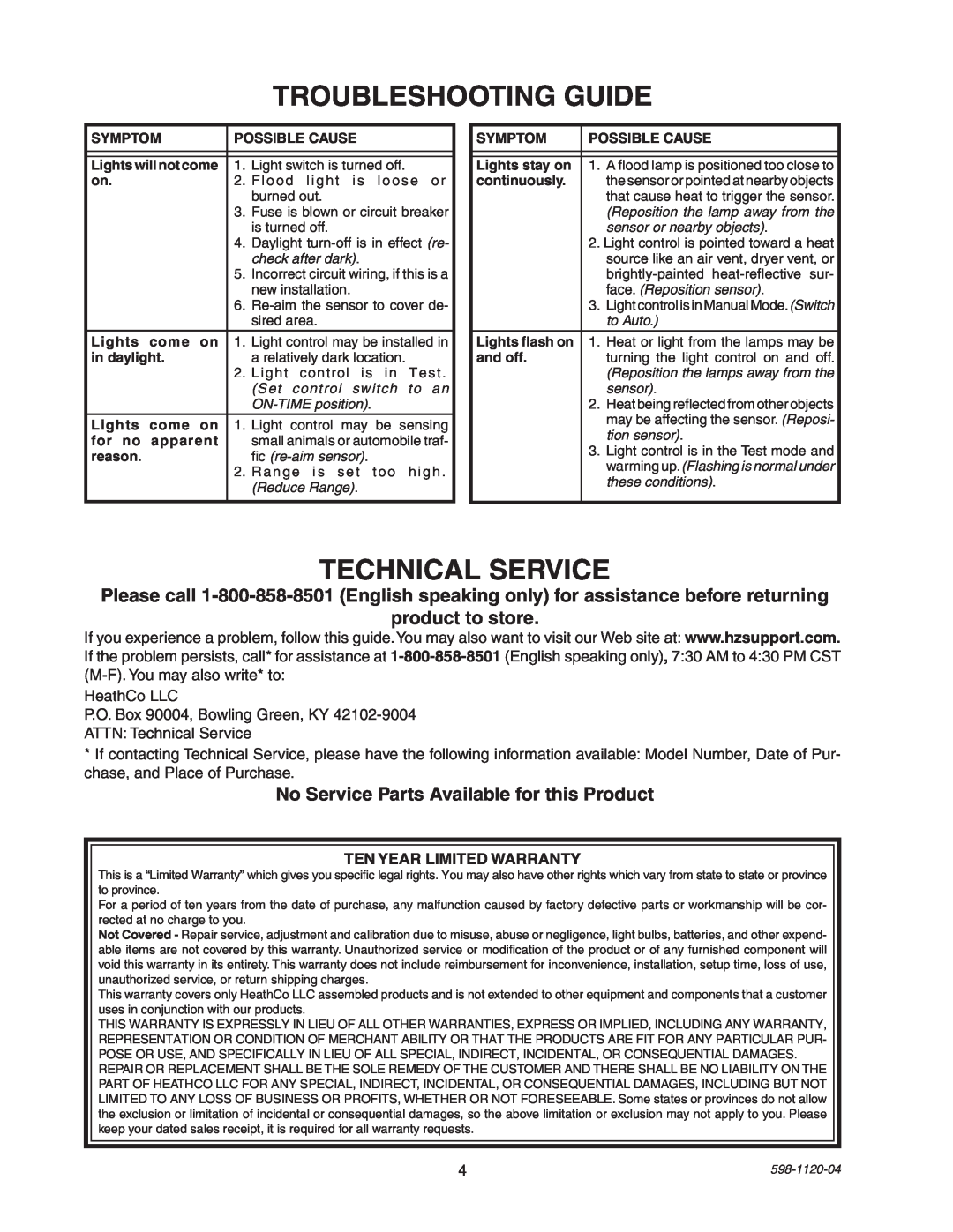 Heath Zenith SL-5710 manual Troubleshooting Guide, Technical Service, product to store 