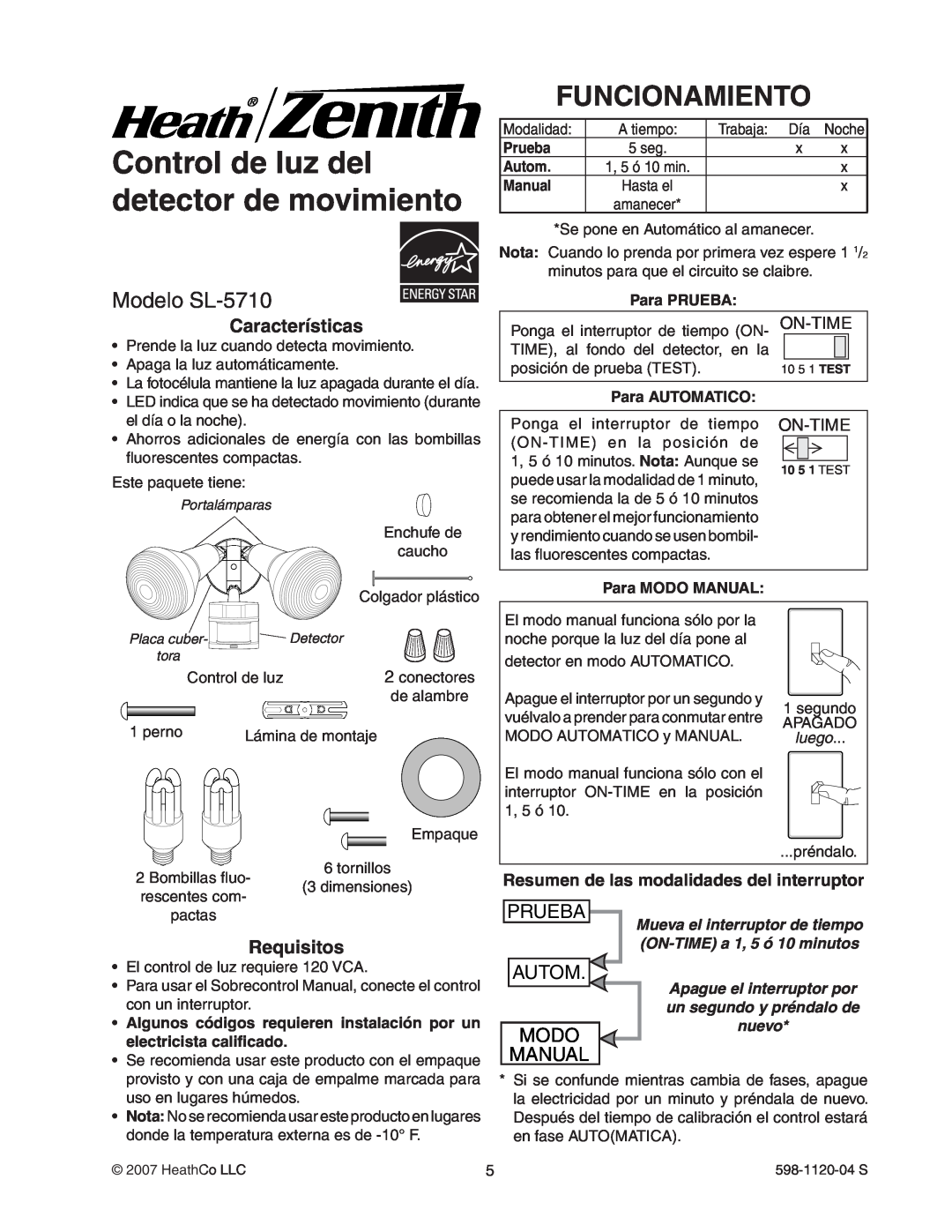 Heath Zenith Control de luz del detector de movimiento, Funcionamiento, Modelo SL-5710, Prueba, Autom, Modo, Manual 