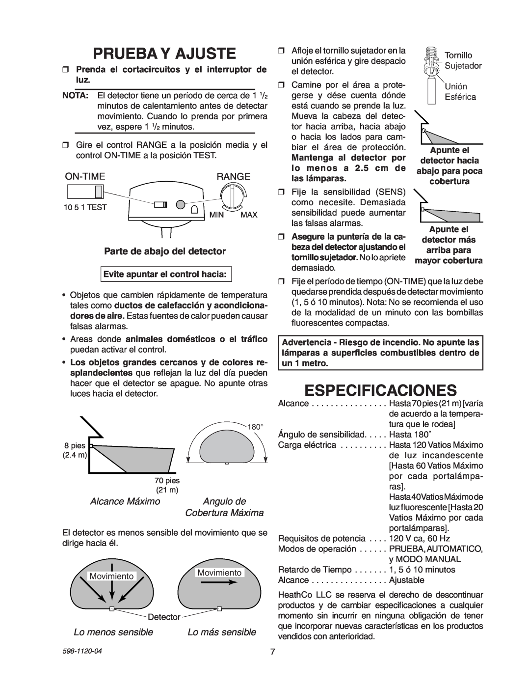 Heath Zenith SL-5710 manual Prueba Y Ajuste, Especificaciones, On-Timerange, Alcance Máximo, Angulo de, Cobertura Máxima 