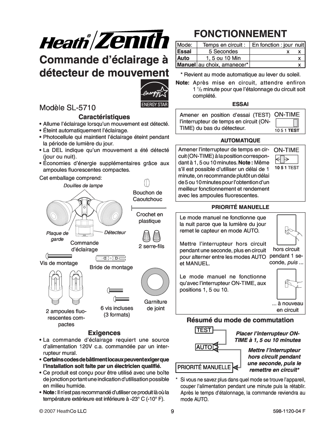 Heath Zenith manual Commande d’éclairage à détecteur de mouvement, Fonctionnement, Modèle SL-5710, On-Time, Test, Auto 