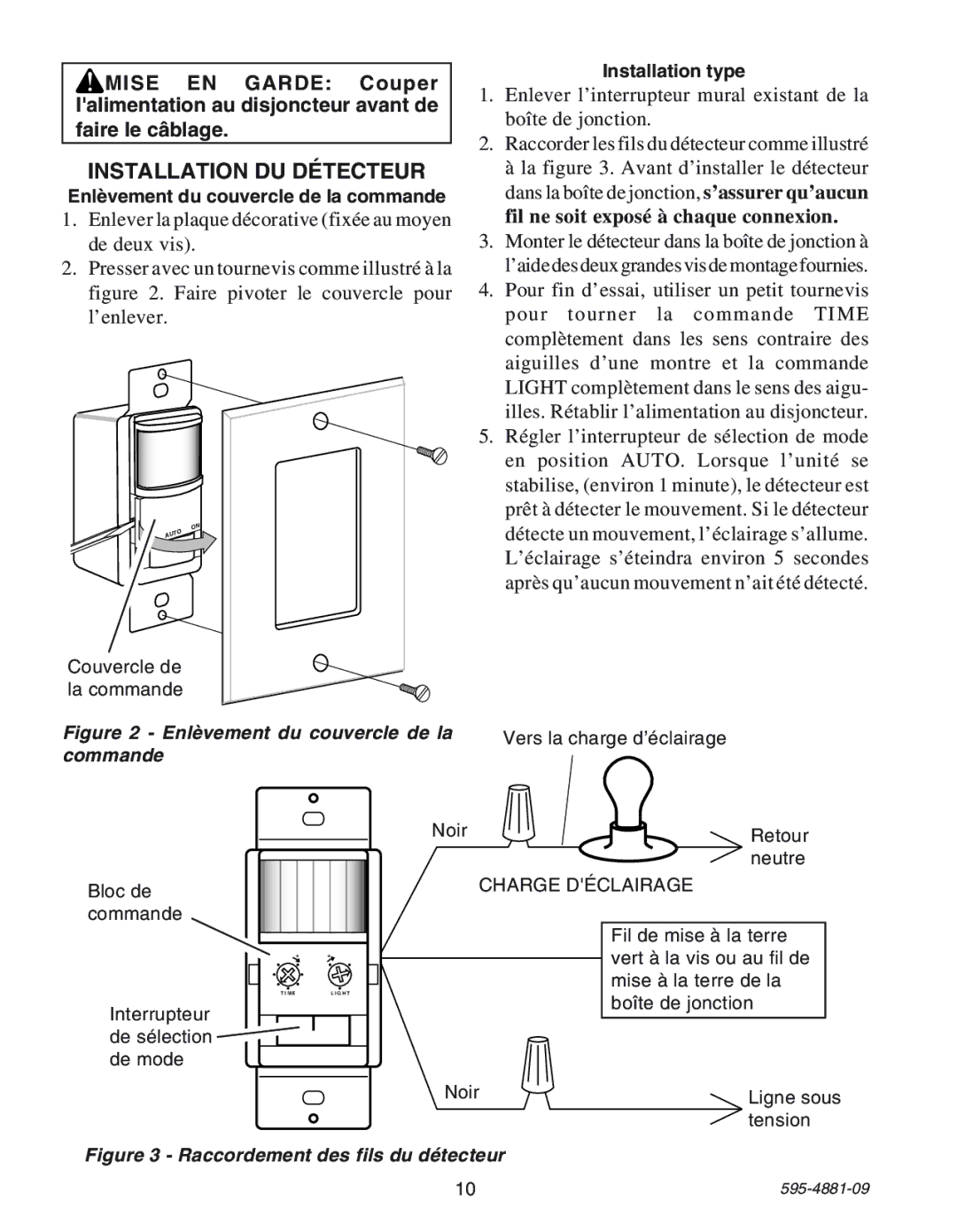 Heath Zenith SL-6105 manual Enlvement du couvercle de la commande, Installation type 