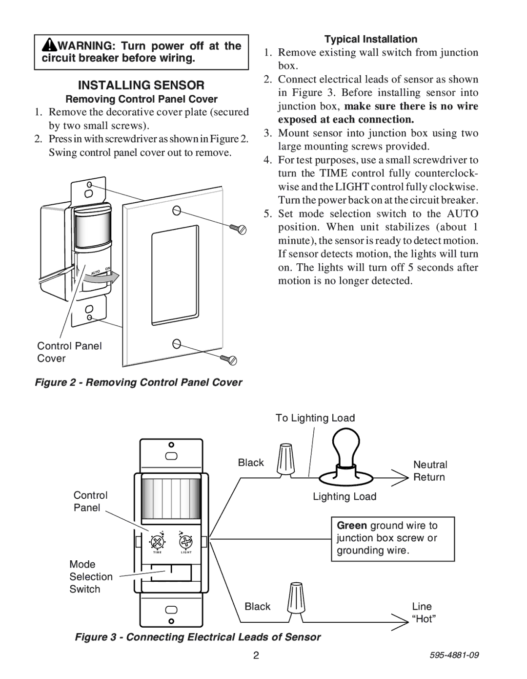 Heath Zenith SL-6105 manual Installing Sensor, Remove existing wall switch from junction box, Removing Control Panel Cover 