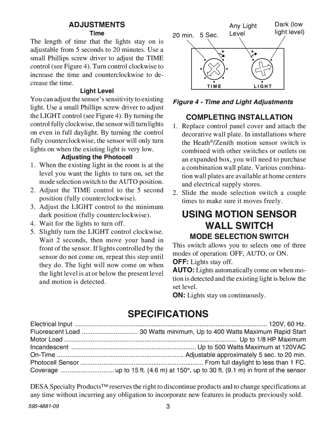 Heath Zenith SL-6105 manual Using Motion Sensor Wall Switch, Specifications, Adjustments, Completing Installation 