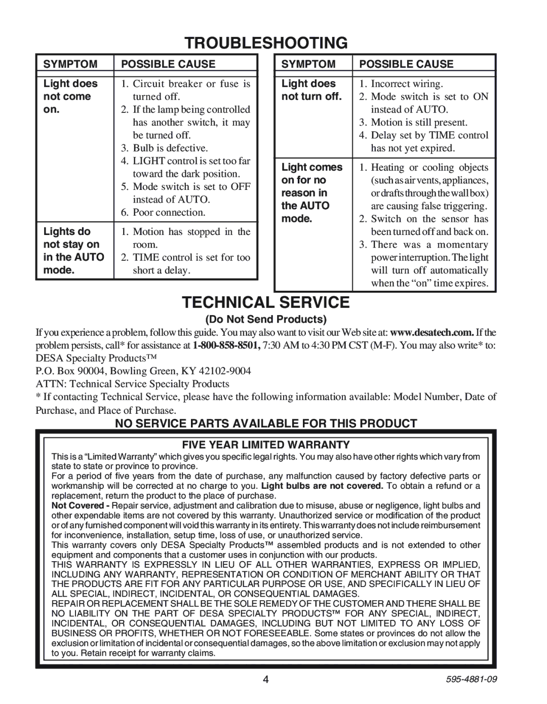 Heath Zenith SL-6105 manual Troubleshooting, Technical Service, No Service Parts Available for this Product 