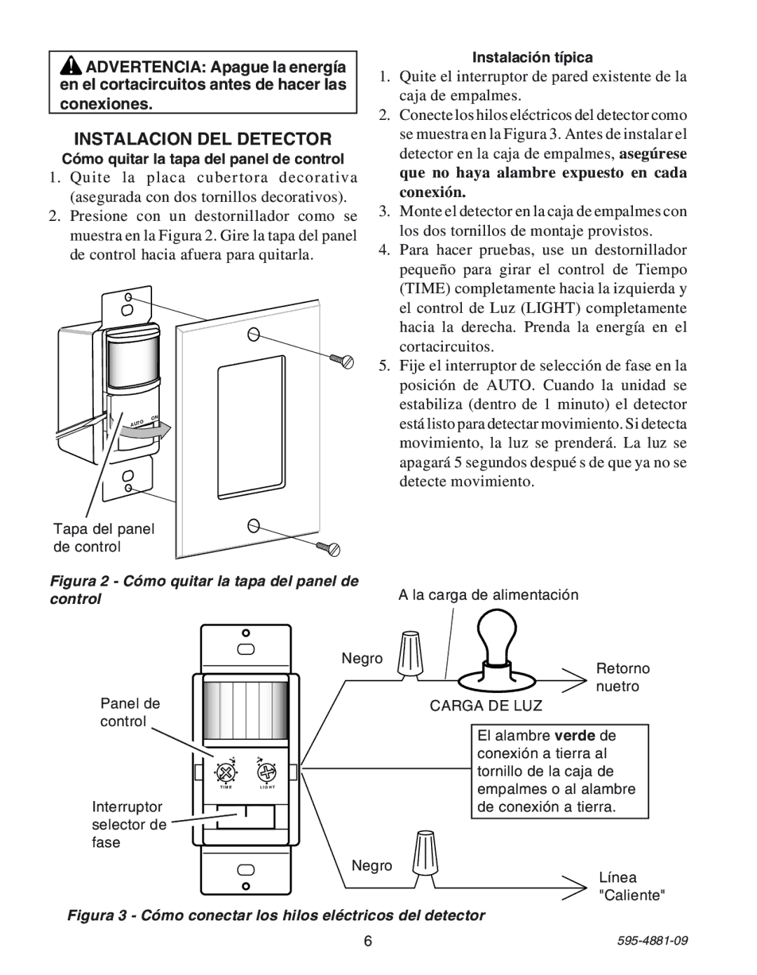 Heath Zenith SL-6105 manual Instalacion DEL Detector, Mo quitar la tapa del panel de control, Instalaci-n t’pica 