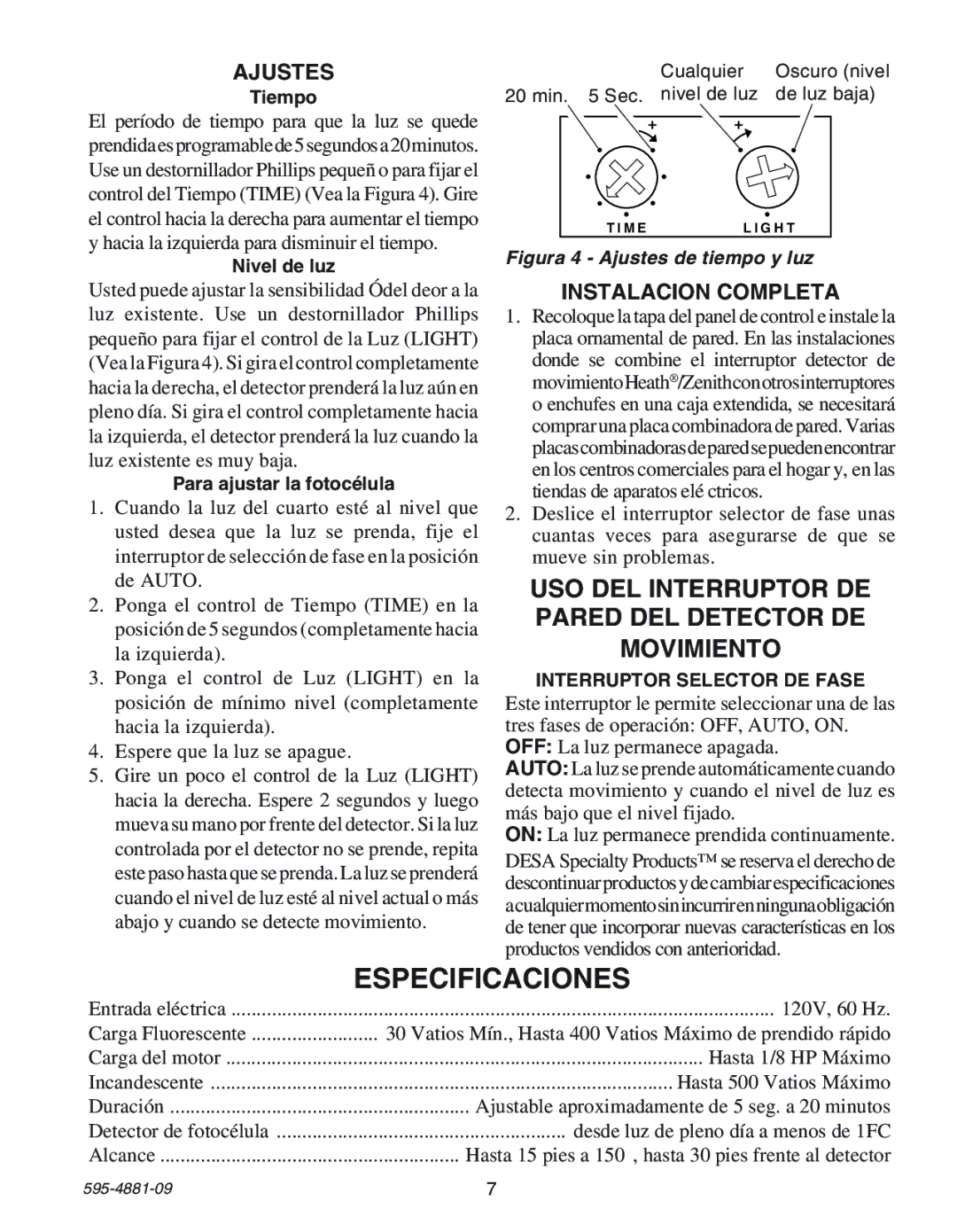 Heath Zenith SL-6105 manual Especificaciones, Ajustes, Instalacion Completa 