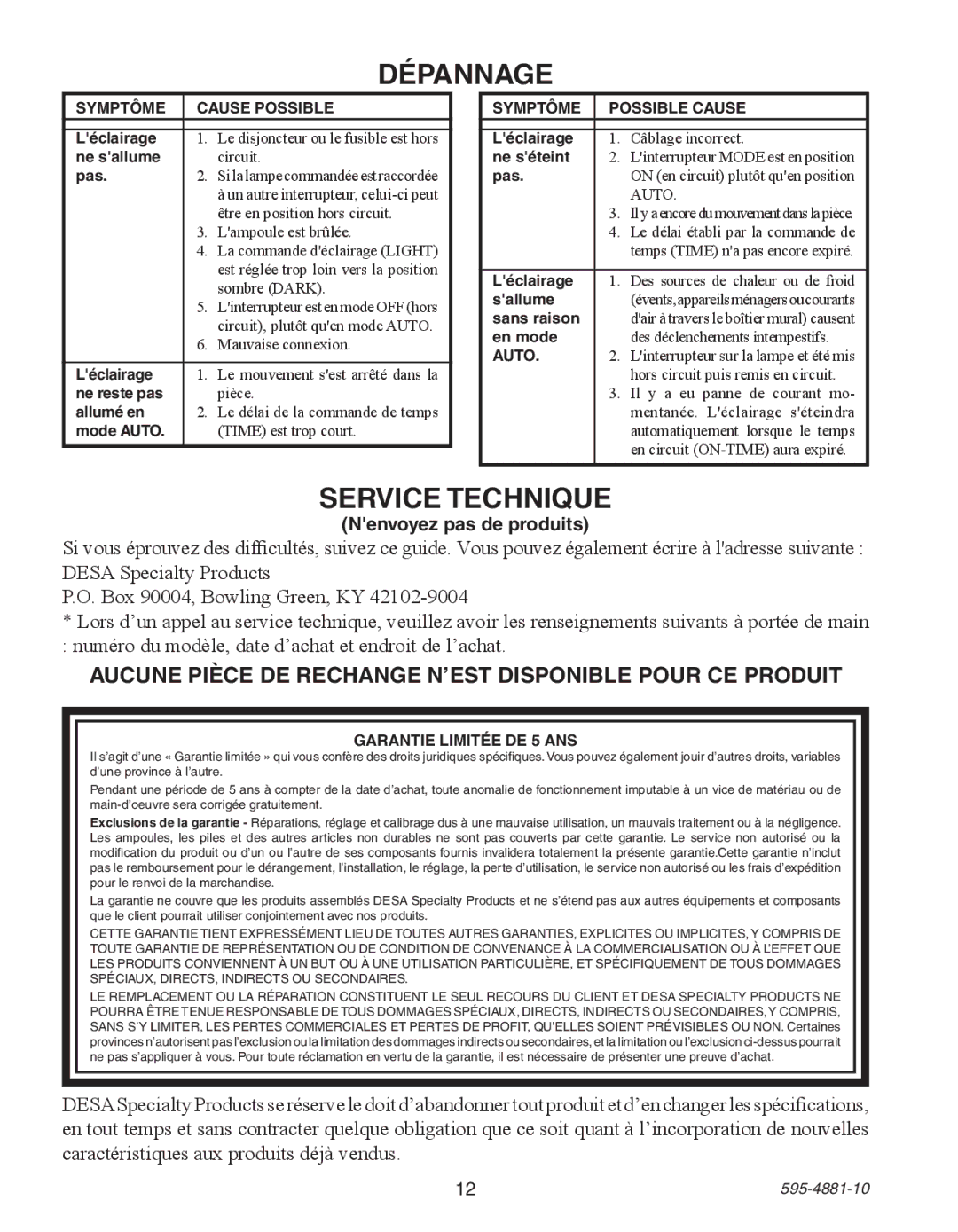 Heath Zenith SL-6105 manual Dépannage, Service Technique, Aucune pièce de rechange n’est disponible pour ce produit 