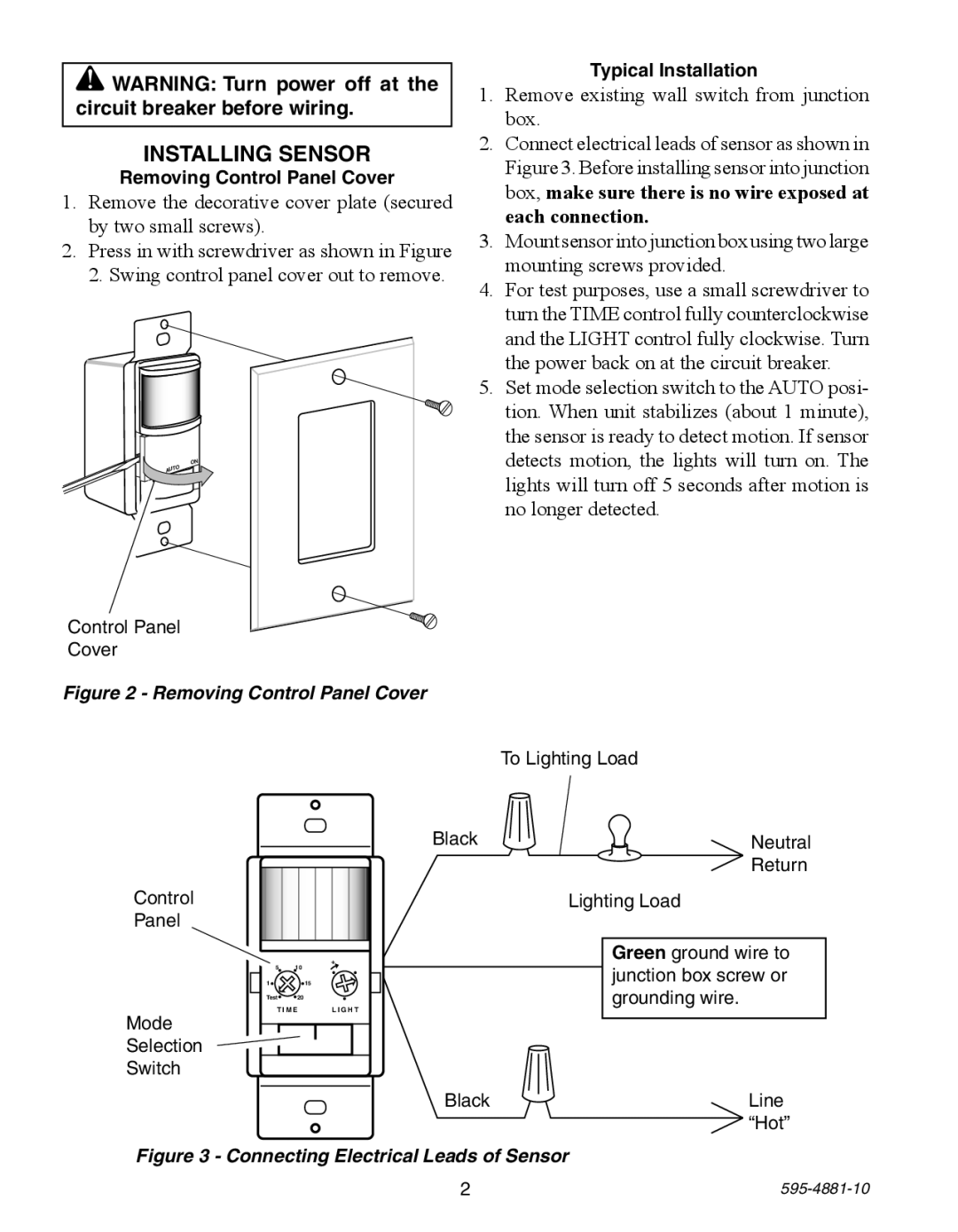 Heath Zenith SL-6105 manual Installing Sensor, Remove existing wall switch from junction box, Removing Control Panel Cover 