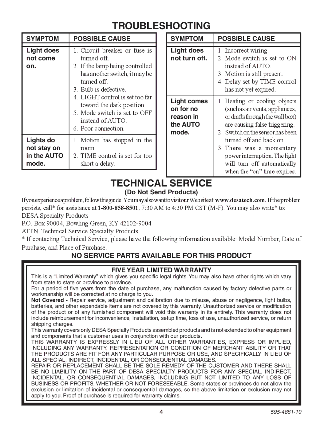 Heath Zenith SL-6105 manual Troubleshooting, No Service Parts Available for this Product, Symptom Possible Cause 