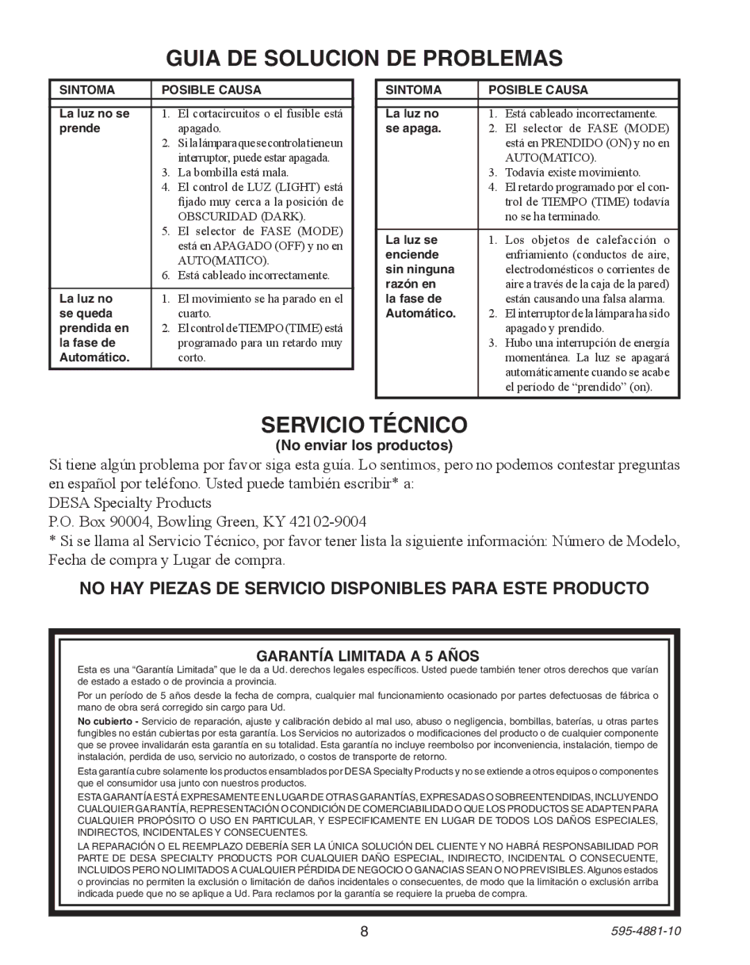 Heath Zenith SL-6105 Guia DE Solucion DE Problemas, Servicio Técnico, No enviar los productos, Garantía Limitada a 5 Años 