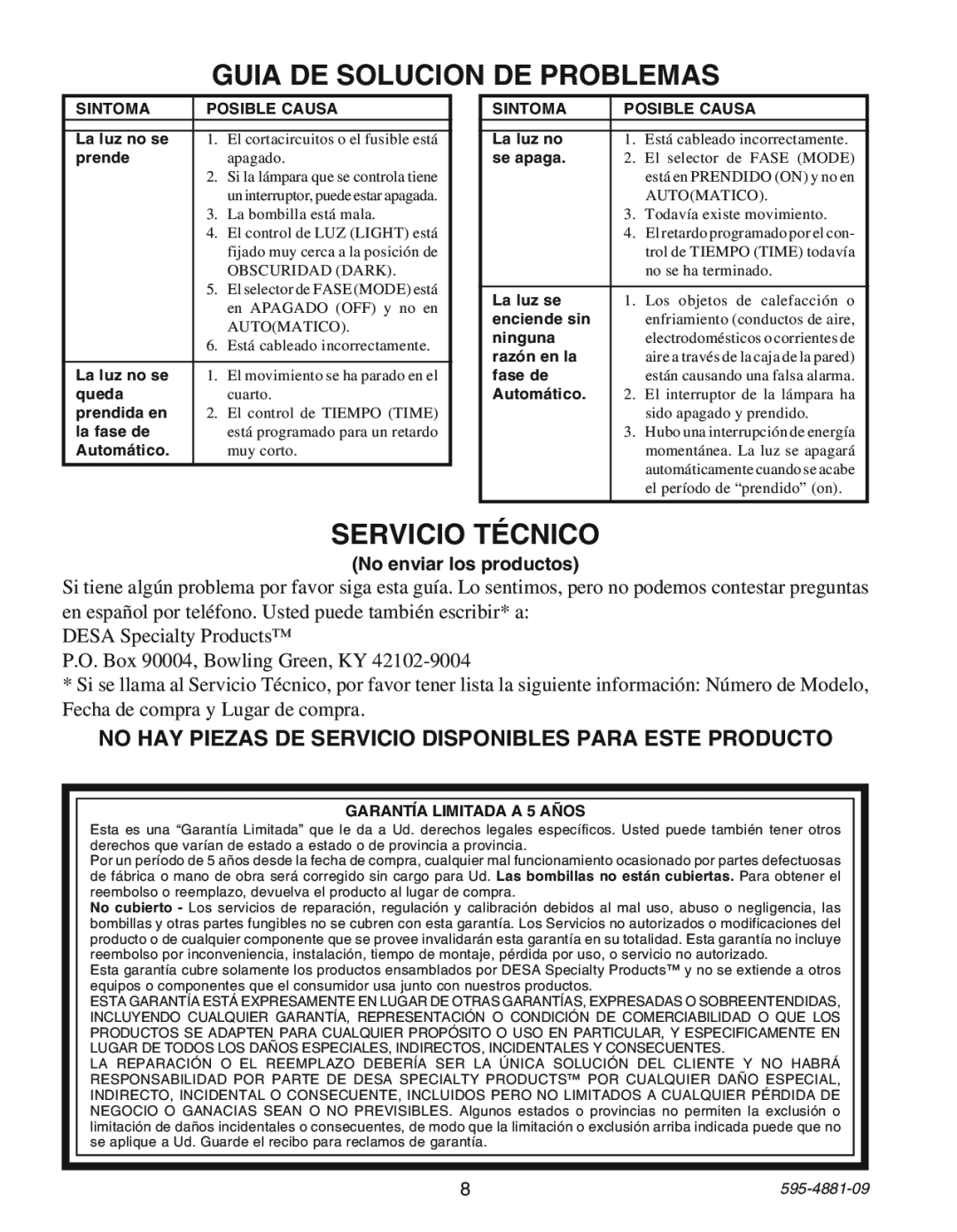 Heath Zenith SL-6105 manual Guia De Solucion De Problemas, SERVICIO TƒCNICO, DESA Specialty Productsª, 595-4881-09 