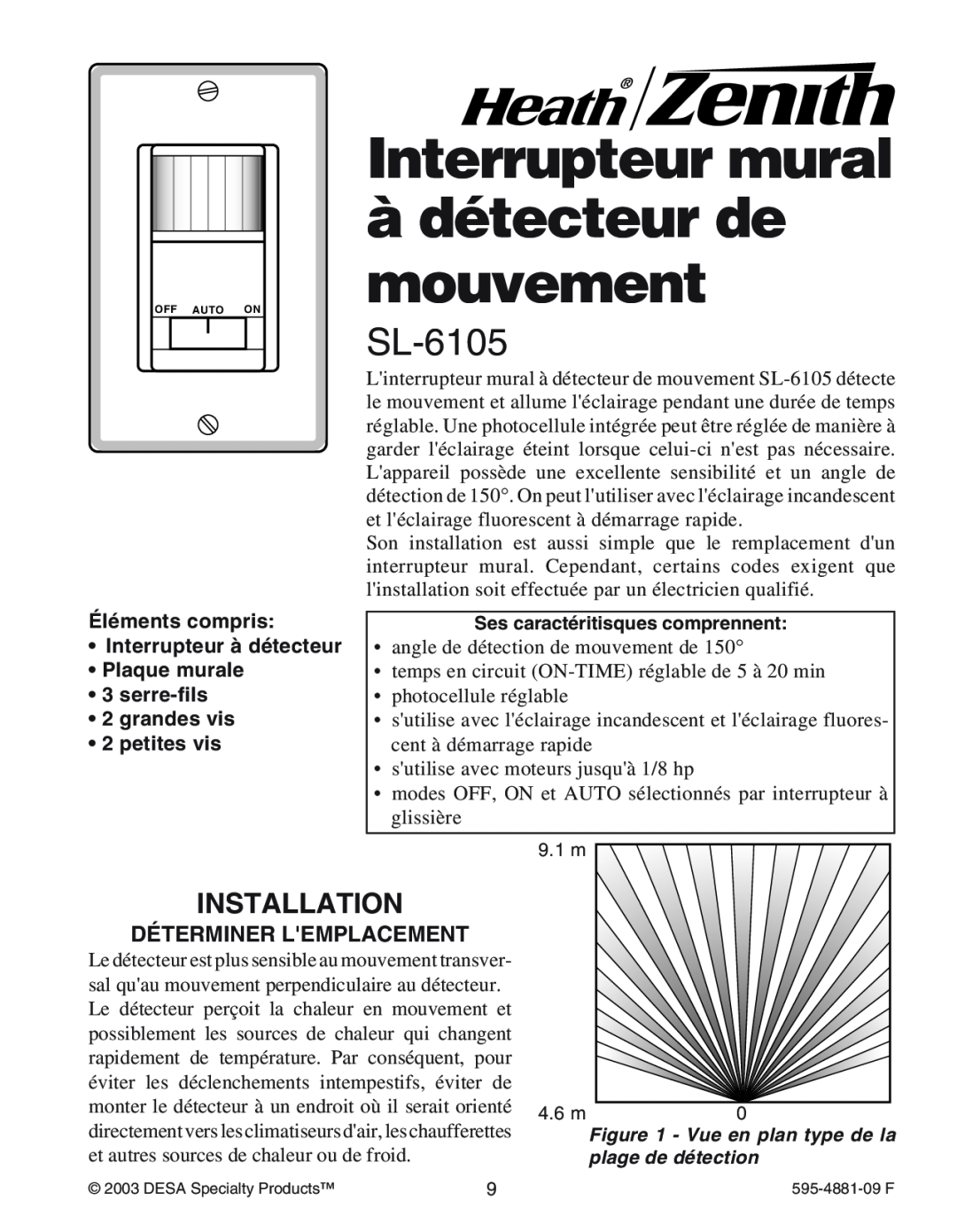 Heath Zenith SL-6105 Interrupteur mural àdétecteur de mouvement, ƒlŽments compris ¥Interrupteur ˆ dŽtecteur, Installation 