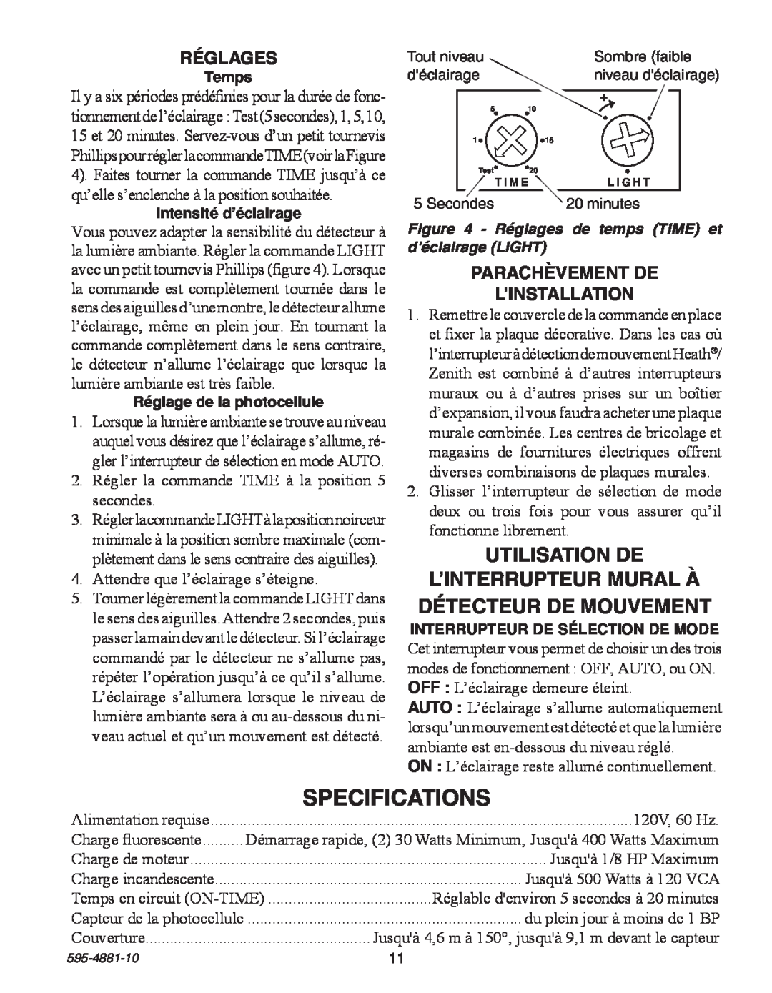 Heath Zenith SL-6105 manual Utilisation De, L’Interrupteur Mural À Détecteur De Mouvement, Réglages, Specifications 