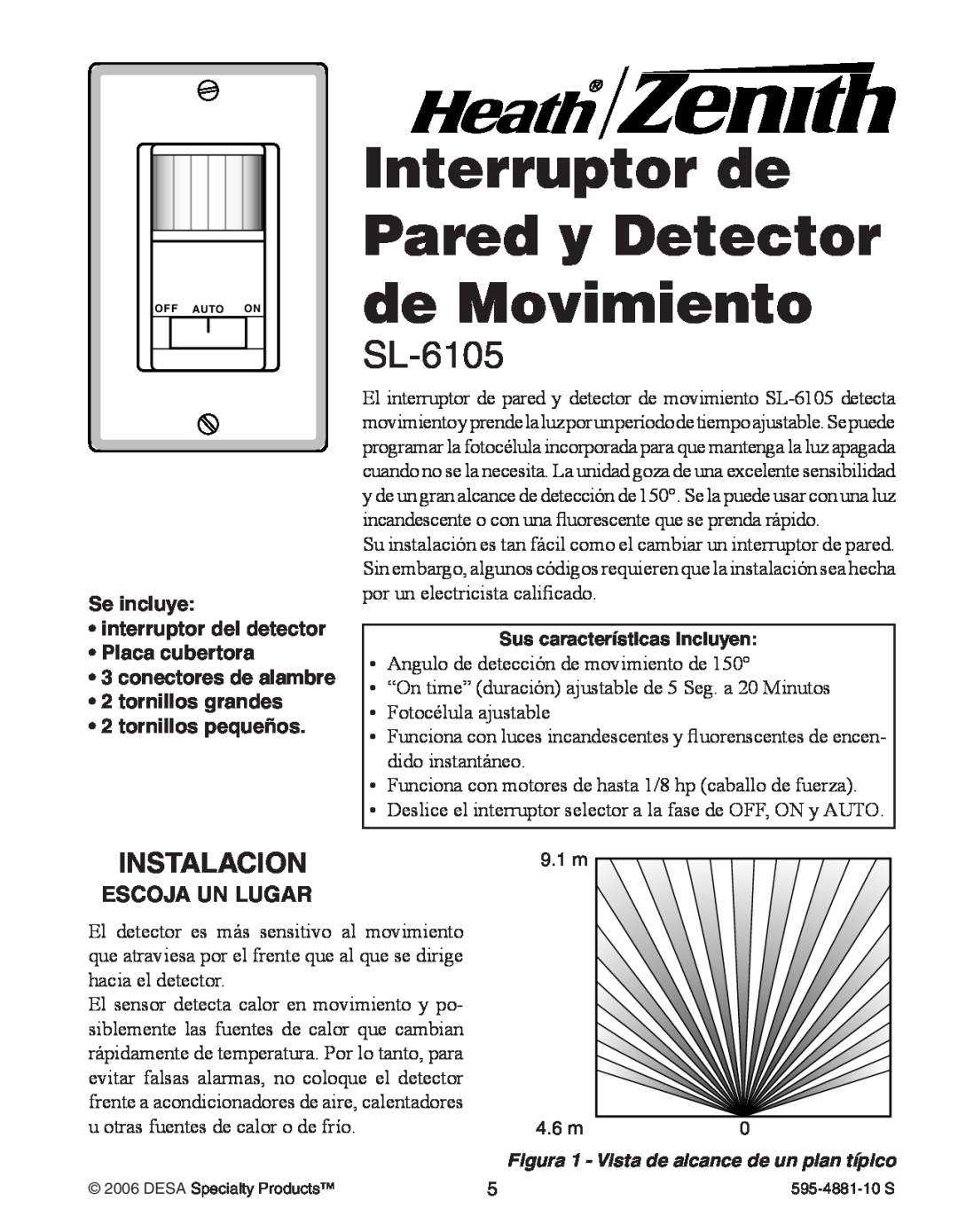 Heath Zenith SL-6105 manual Interruptor de Pared y Detector de Movimiento, Instalacion, Se incluye interruptor del detector 