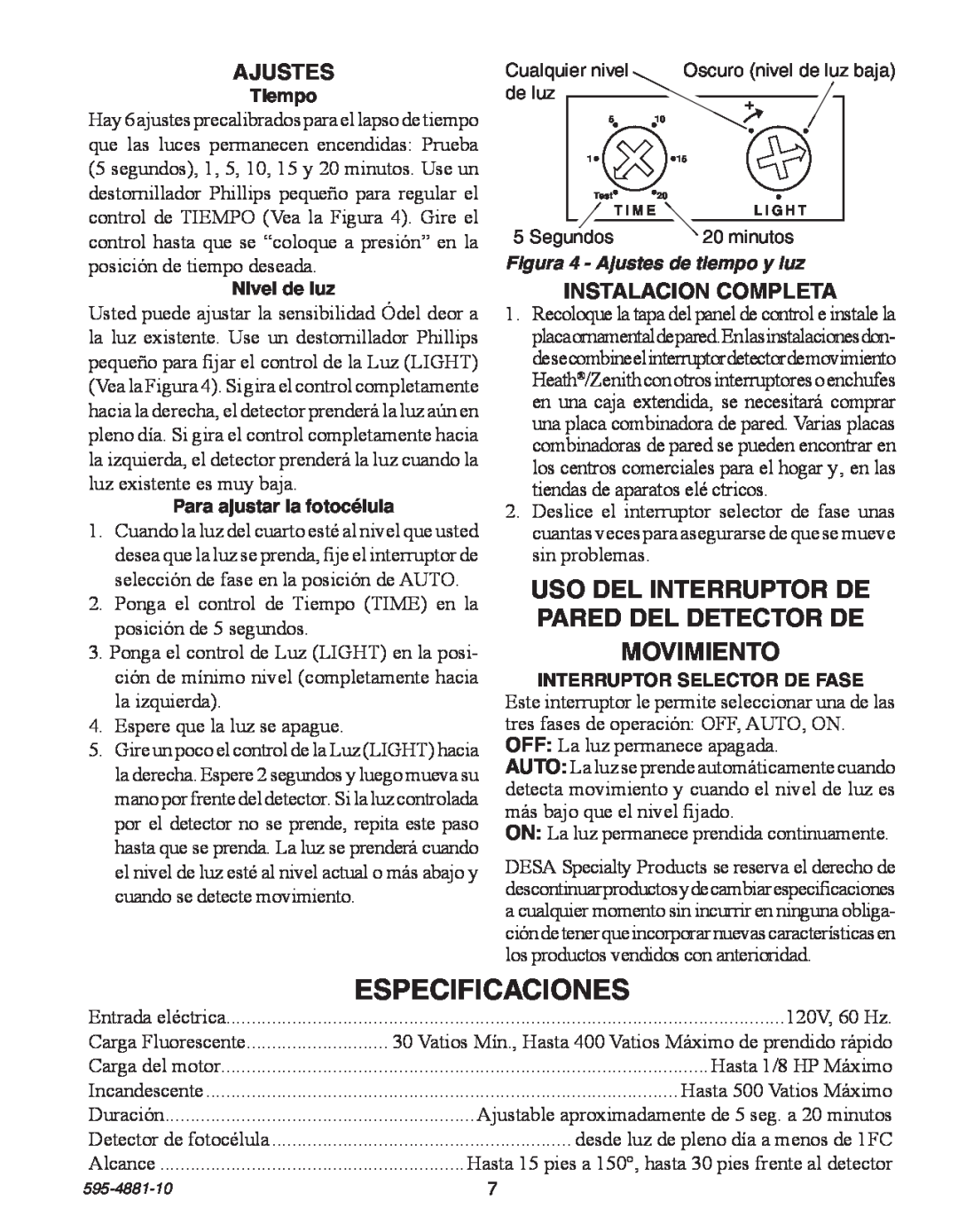 Heath Zenith SL-6105 manual Especificaciones, Uso Del Interruptor De Pared Del Detector De, Movimiento, Ajustes 
