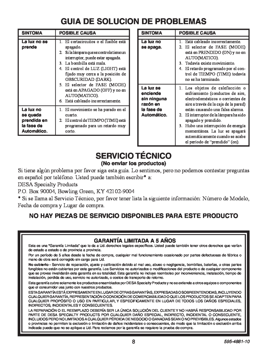 Heath Zenith SL-6105 manual Guia De Solucion De Problemas, Servicio Técnico, DESA Specialty Products, 595-4881-10 