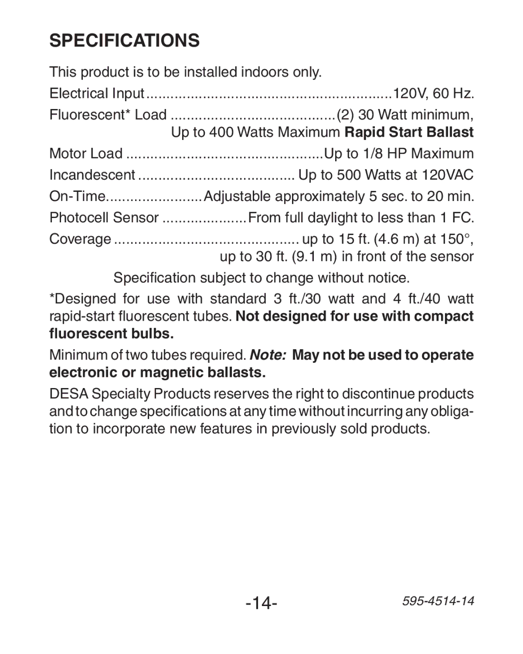 Heath Zenith SL-6107 manual Specifications 