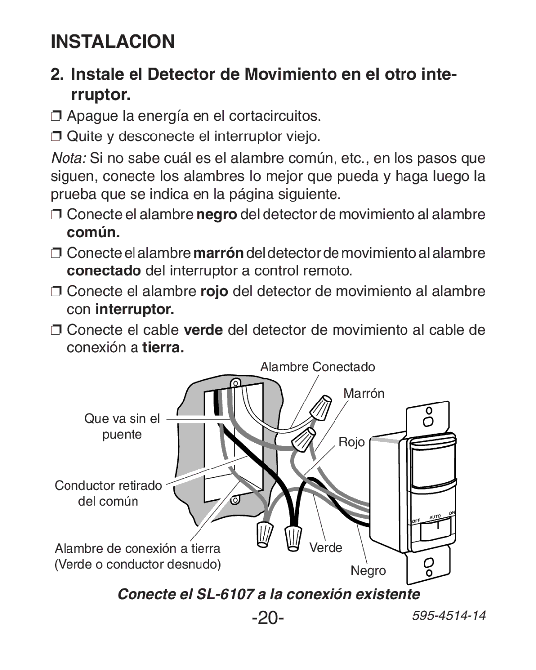 Heath Zenith SL-6107 manual Instale el Detector de Movimiento en el otro inte- rruptor 