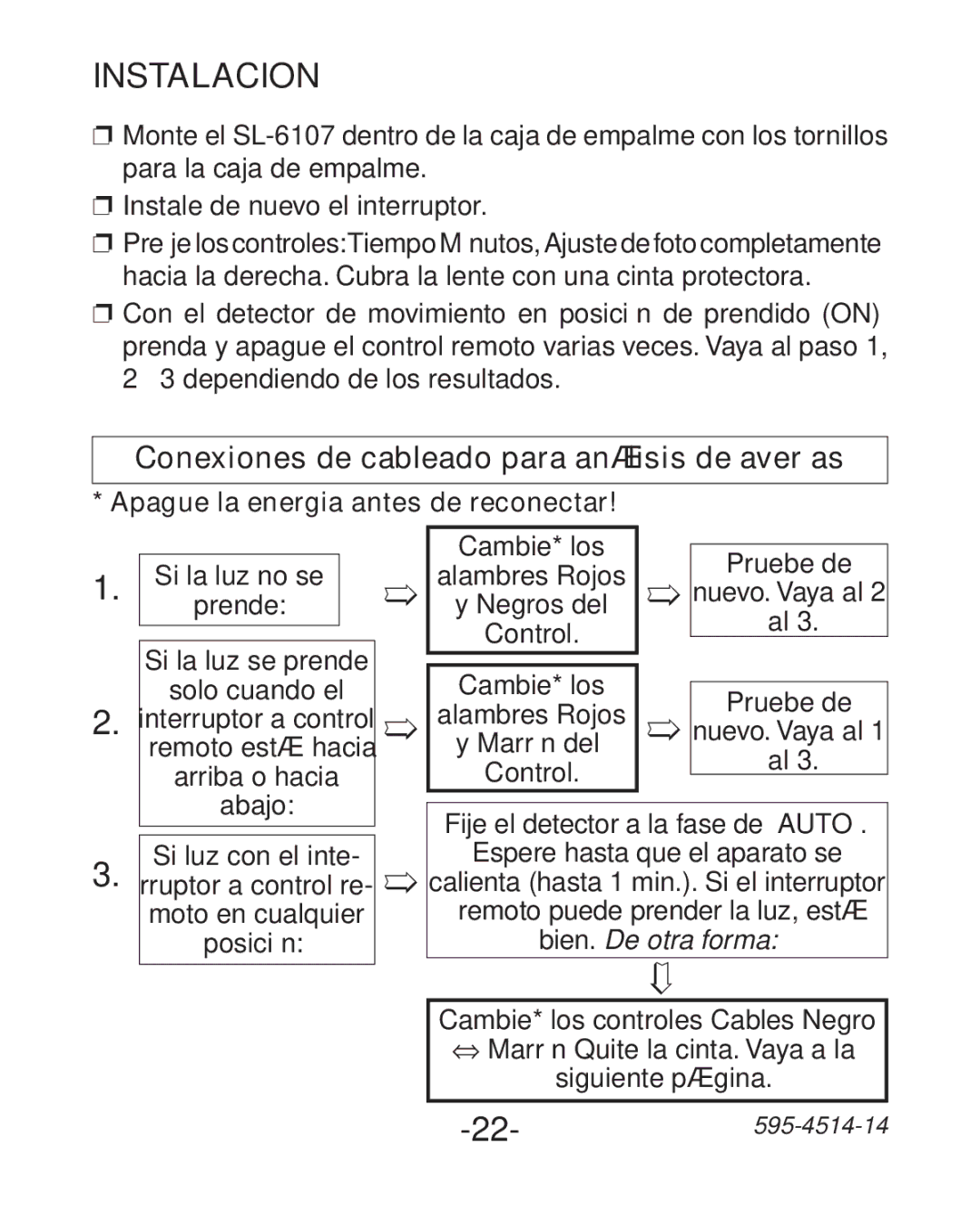 Heath Zenith SL-6107 manual Conexiones de cableado para análisis de averías, Apague la energia antes de reconectar 