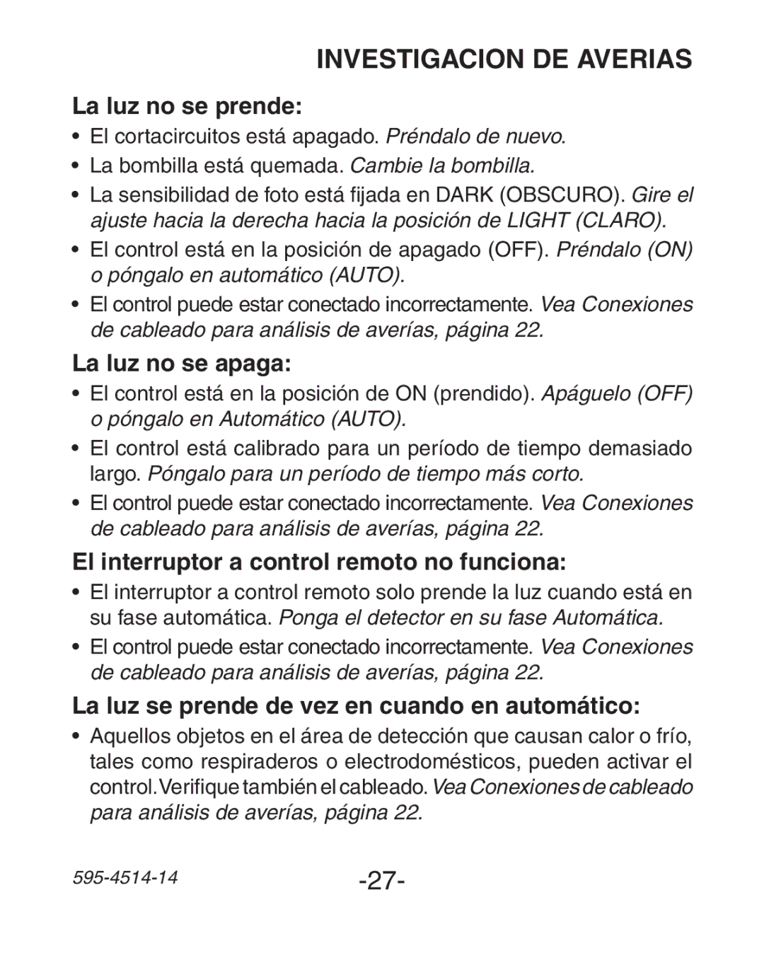 Heath Zenith SL-6107 manual Investigacion DE Averias, La luz no se prende, La luz no se apaga 