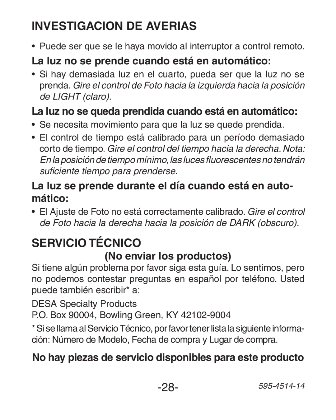 Heath Zenith SL-6107 manual Servicio Técnico 