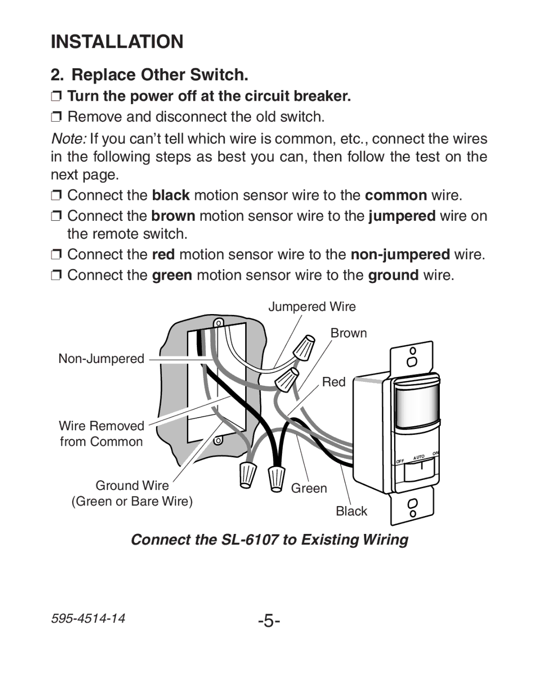 Heath Zenith SL-6107 manual Replace Other Switch, Turn the power off at the circuit breaker 