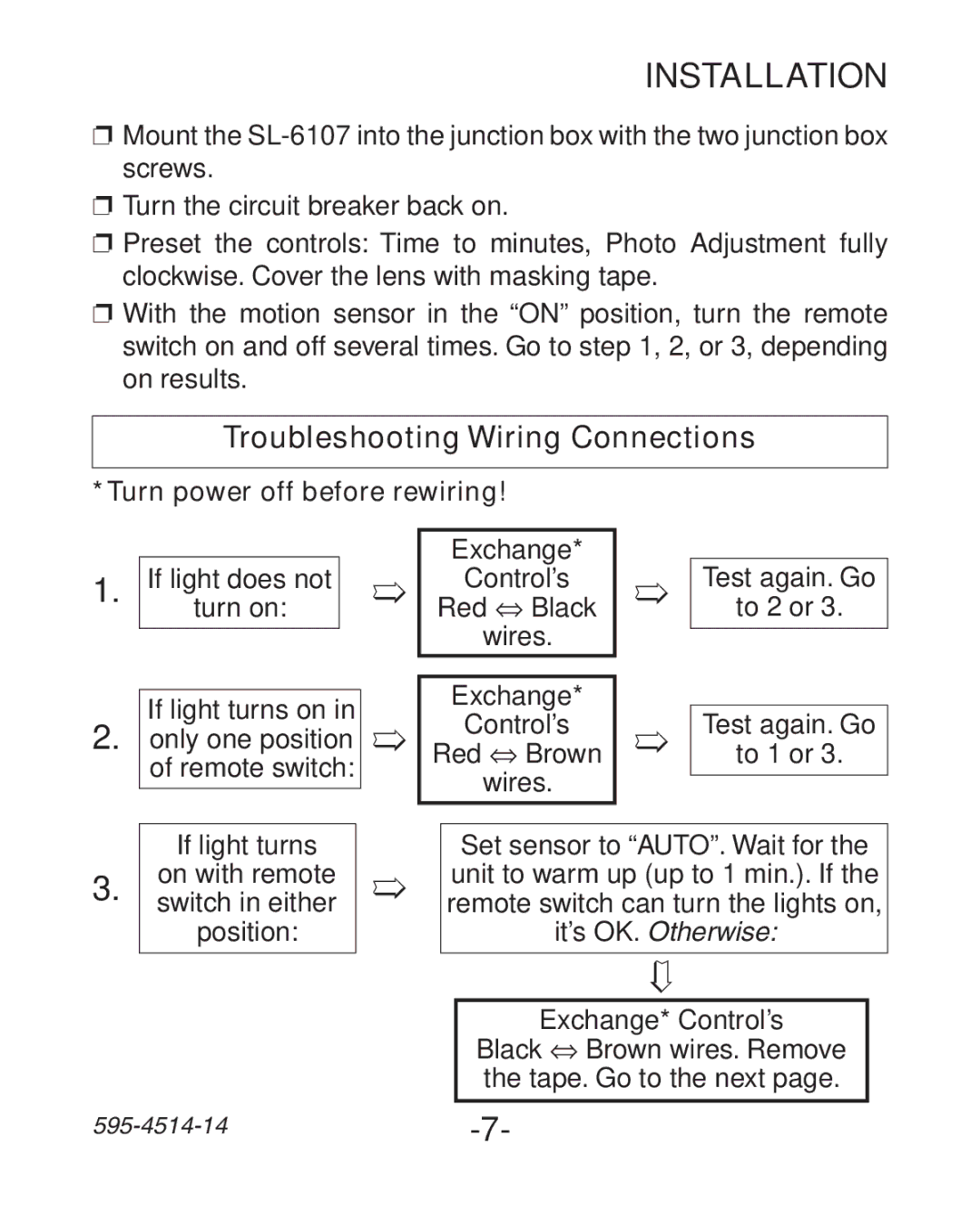 Heath Zenith SL-6107 manual Troubleshooting Wiring Connections, Turn power off before rewiring 