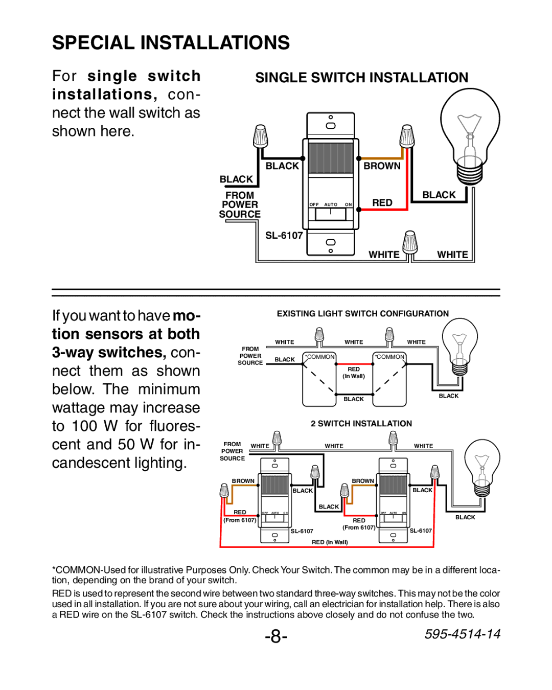 Heath Zenith SL-6107 manual Special Installations, Single Switch Installation 