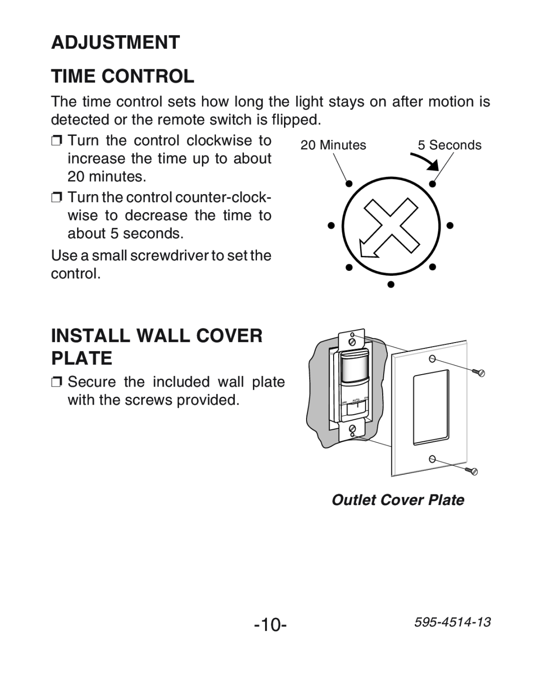 Heath Zenith SL-6107 manual Adjustment Time Control, Install Wall Cover Plate, Outlet Cover Plate 
